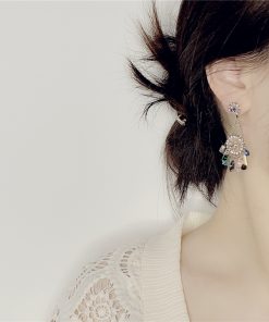 High-End Light Luxury Contrasting Color Diamond Crystal Flower Tassel Long Earrings for Evening Wear