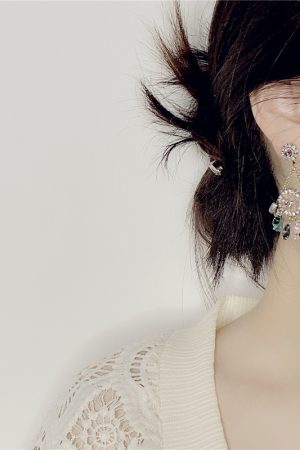 High-End Light Luxury Contrasting Color Diamond Crystal Flower Tassel Long Earrings for Evening Wear