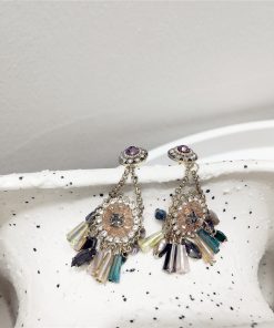 High-End Light Luxury Contrasting Color Diamond Crystal Flower Tassel Long Earrings for Evening Wear