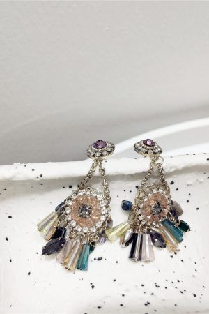 High-End Light Luxury Contrasting Color Diamond Crystal Flower Tassel Long Earrings for Evening Wear
