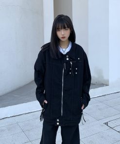 High-End Loose Denim Jacket with Zipper, European American Style, Unisex High Street Lapel Top, Trendy Casual Fashion Outerwear