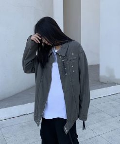 High-End Loose Denim Jacket with Zipper, European American Style, Unisex High Street Lapel Top, Trendy Casual Fashion Outerwear