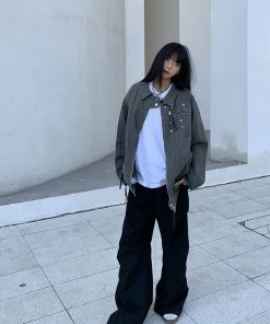 High-End Loose Denim Jacket with Zipper, European American Style, Unisex High Street Lapel Top, Trendy Casual Fashion Outerwear