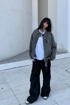 High-End Loose Denim Jacket with Zipper, European American Style, Unisex High Street Lapel Top, Trendy Casual Fashion Outerwear