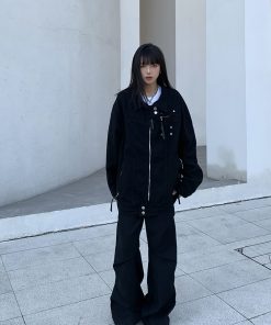 High-End Loose Denim Jacket with Zipper, European American Style, Unisex High Street Lapel Top, Trendy Casual Fashion Outerwear