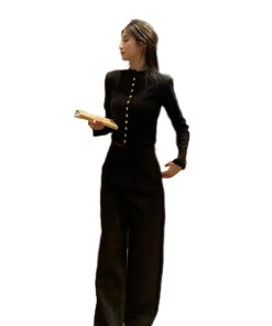 High-End Metal Buckle Silhouette Coat & Slim Knit Cardigan Set - Long Sleeve Sweater & Luxury Suit Pants for Autumn Winter Style