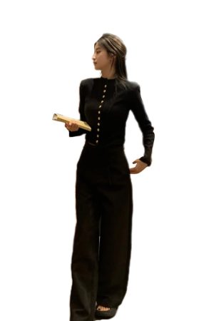 High-End Metal Buckle Silhouette Coat & Slim Knit Cardigan Set - Long Sleeve Sweater & Luxury Suit Pants for Autumn Winter Style