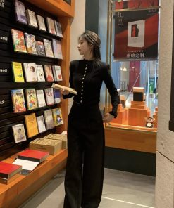 High-End Metal Buckle Silhouette Coat & Slim Knit Cardigan Set - Long Sleeve Sweater & Luxury Suit Pants for Autumn Winter Style