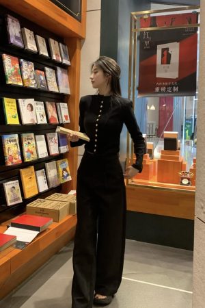 High-End Metal Buckle Silhouette Coat & Slim Knit Cardigan Set - Long Sleeve Sweater & Luxury Suit Pants for Autumn Winter Style