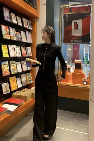 High-End Metal Buckle Silhouette Coat & Slim Knit Cardigan Set - Long Sleeve Sweater & Luxury Suit Pants for Autumn Winter Style