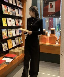 High-End Metal Buckle Silhouette Coat & Slim Knit Cardigan Set - Long Sleeve Sweater & Luxury Suit Pants for Autumn Winter Style