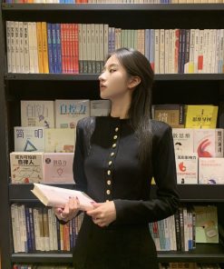 High-End Metal Buckle Silhouette Coat & Slim Knit Cardigan Set - Long Sleeve Sweater & Luxury Suit Pants for Autumn Winter Style