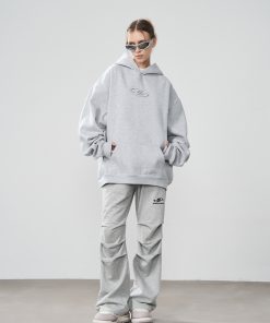 High-End Metal Foil Silver Printed Casual Hoodie - Loose Fit American Street Style Fashion