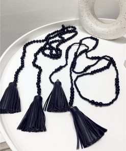 High-End Minimalist Black Bead String PU Tassel Long Sweater Chain Pendant Necklace - Internet Celebrity Style, Versatile Fashion Accessory