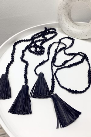 High-End Minimalist Black Bead String PU Tassel Long Sweater Chain Pendant Necklace - Internet Celebrity Style, Versatile Fashion Accessory
