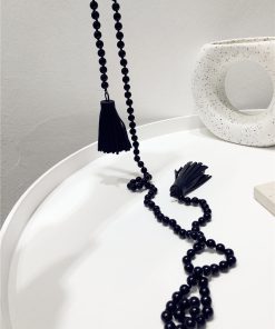 High-End Minimalist Black Bead String PU Tassel Long Sweater Chain Pendant Necklace - Internet Celebrity Style, Versatile Fashion Accessory