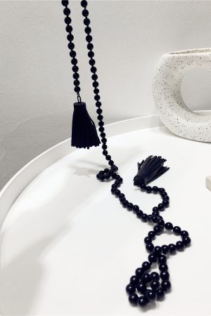High-End Minimalist Black Bead String PU Tassel Long Sweater Chain Pendant Necklace - Internet Celebrity Style, Versatile Fashion Accessory