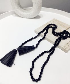 High-End Minimalist Black Bead String PU Tassel Long Sweater Chain Pendant Necklace - Internet Celebrity Style, Versatile Fashion Accessory