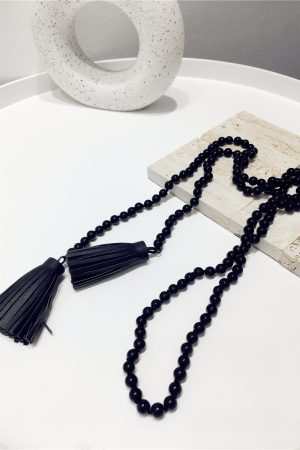 High-End Minimalist Black Bead String PU Tassel Long Sweater Chain Pendant Necklace - Internet Celebrity Style, Versatile Fashion Accessory