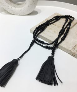 High-End Minimalist Black Bead String PU Tassel Long Sweater Chain Pendant Necklace - Internet Celebrity Style, Versatile Fashion Accessory