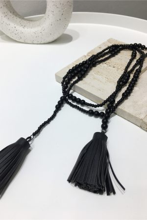 High-End Minimalist Black Bead String PU Tassel Long Sweater Chain Pendant Necklace - Internet Celebrity Style, Versatile Fashion Accessory