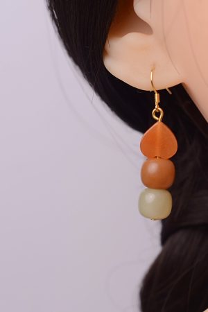 High-End Natural Bodhi Root & Gold Silk Heart-Shaped Women's Earrings, Ethnic Style, Pure Silver, Hypoallergenic Cute Ear Accessories