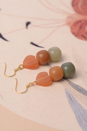 High-End Natural Bodhi Root & Gold Silk Heart-Shaped Women's Earrings, Ethnic Style, Pure Silver, Hypoallergenic Cute Ear Accessories
