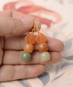 High-End Natural Bodhi Root & Gold Silk Heart-Shaped Women's Earrings, Ethnic Style, Pure Silver, Hypoallergenic Cute Ear Accessories