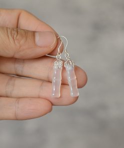 High-End Natural Jadeite White Agate Water Drop Bamboo Joint Earrings - Versatile Hypoallergenic Silver Ear Pendants for Women