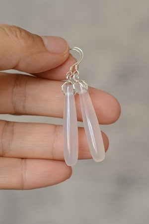 High-End Natural Jadeite White Agate Water Drop Bamboo Joint Earrings - Versatile Hypoallergenic Silver Ear Pendants for Women