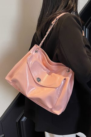 High-End Oil Wax Leather Tote Bag for Women, 2025 Korean Style Fashion Chain Shoulder Crossbody Commuter Bag