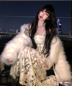 High-End One-Shoulder Bodycon Cami Dress with Venus French Lace for Women - Autumn Winter Fashion