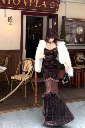 High-End One-Shoulder Sling Dress with French Lace and Leopard Print - Autumn Winter Women's Fashion