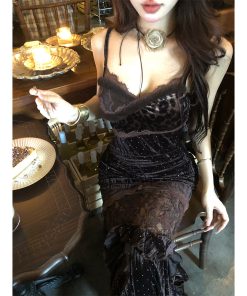 High-End One-Shoulder Sling Dress with French Lace and Leopard Print - Autumn Winter Women's Fashion