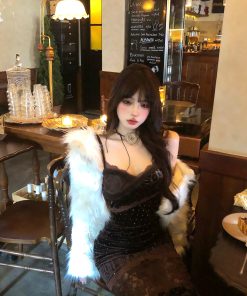 High-End One-Shoulder Sling Dress with French Lace and Leopard Print - Autumn Winter Women's Fashion