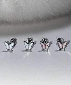 High-End Pink and White Butterfly Ear Bone Studs - Niche Design, Sleep-Friendly, Screw-On Earrings for Everyday Elegance