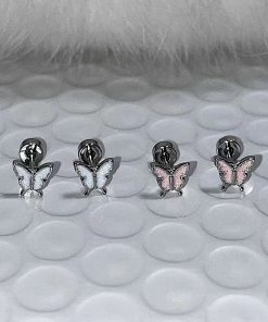 High-End Pink and White Butterfly Ear Bone Studs - Niche Design, Sleep-Friendly, Screw-On Earrings for Everyday Elegance