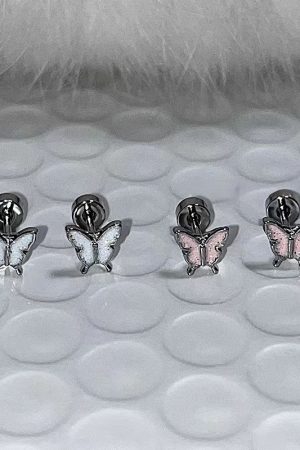 High-End Pink and White Butterfly Ear Bone Studs - Niche Design, Sleep-Friendly, Screw-On Earrings for Everyday Elegance