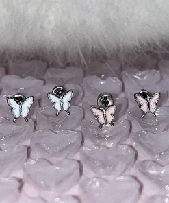 High-End Pink and White Butterfly Ear Bone Studs - Niche Design, Sleep-Friendly, Screw-On Earrings for Everyday Elegance