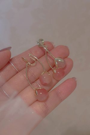 High-End Pink Peach Water Fragrance Earrings for Women, Lily of the Valley Back Hanging Clip-Ons, No Ear Holes, Floral Design