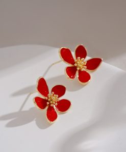 High-End Red French Camellia Stud Earrings - Unique Design for Autumn & Winter, Perfect Women's New Year Accessory