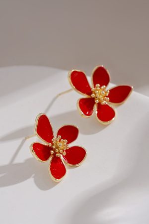 High-End Red French Camellia Stud Earrings - Unique Design for Autumn & Winter, Perfect Women's New Year Accessory