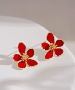 High-End Red French Camellia Stud Earrings - Unique Design for Autumn & Winter, Perfect Women's New Year Accessory