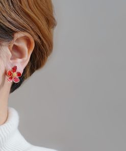 High-End Red French Camellia Stud Earrings - Unique Design for Autumn & Winter, Perfect Women's New Year Accessory