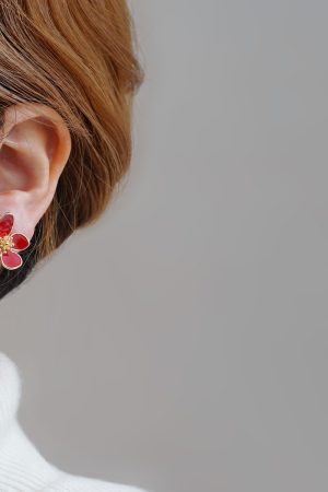 High-End Red French Camellia Stud Earrings - Unique Design for Autumn & Winter, Perfect Women's New Year Accessory