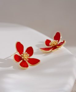 High-End Red French Camellia Stud Earrings - Unique Design for Autumn & Winter, Perfect Women's New Year Accessory