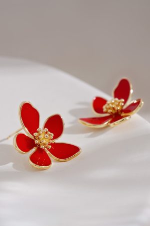 High-End Red French Camellia Stud Earrings - Unique Design for Autumn & Winter, Perfect Women's New Year Accessory