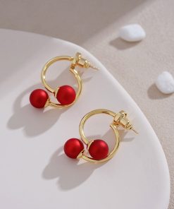 High-End Red Pearl Stud Earrings, Vintage French Design, Trendy 2025 Style, Elegant Niche Jewelry