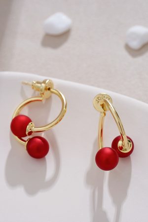 High-End Red Pearl Stud Earrings, Vintage French Design, Trendy 2025 Style, Elegant Niche Jewelry