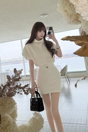 High-End Retro Knitted Dress in Moonlight White - Women's Spring Summer Collection, Elegant Tea Style, Perfect for 90s Inspired Looks